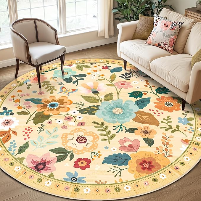 RELEANY Floral Nursery 8ft Area Rugs Washable Print Boho Cute Carpet Non Slip Flower Low Pile for Living Room Kids Girls Playroom Bedroom Kitchen Office Farmhouse-Ivory/Yellow