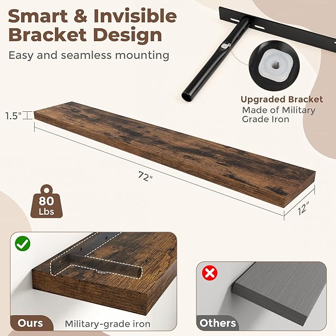 Fun Memories 72 Inch Floating Shelves, 12 Inch Deep Wall Shelf for Fireplace Mantel, Large Display Shelf & Storage Shelf, Wood Floating Wall Shelves for Home & Office, Rustic Brown, Set of 2