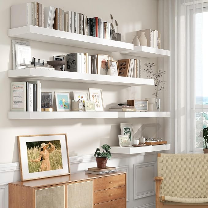 FLYJOE 30 Inch Floating Shelves | 12 Inch Deep White Floating Shelves Set of 2 | 30" W x 12" D Rustic Wood Shelves for Wall | Deep White Shelves for Living Room Bathroom Laundry Room Kitchen