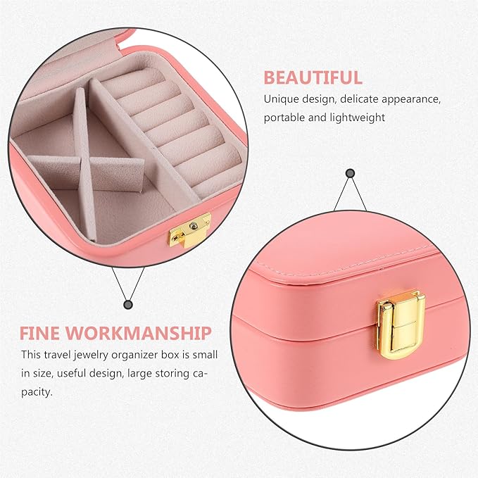 OUNONA Portable Jewelry Box with Makeup Mirror, Small Pink Necklace and Bracelet Storage Case, Travel Jewelry Organizer for Women