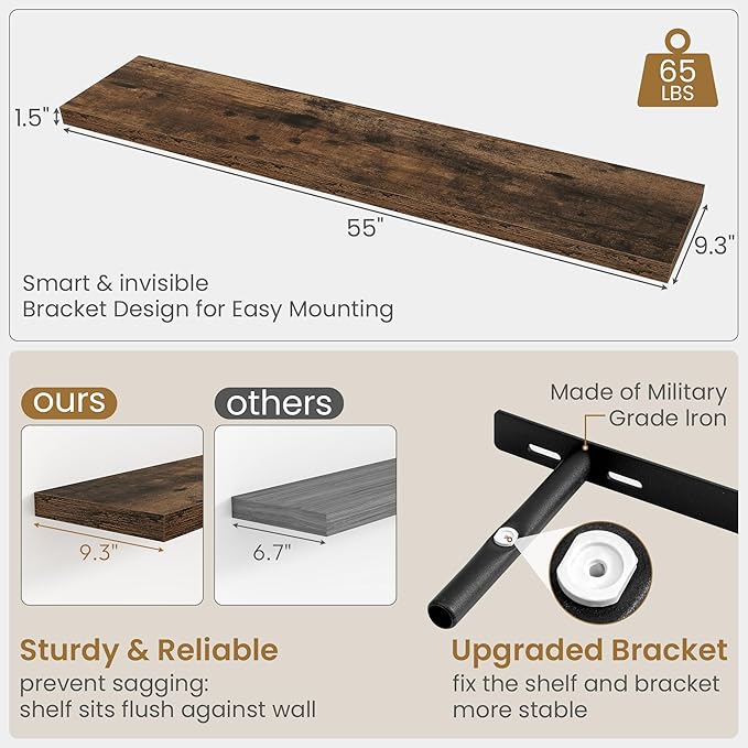 55 Inch Long Floating Shelves for Wall Set of 2, 55x9.3 Large Floating Shelf for Bedroom, Kitchen, Bathroom, Wall Mounted Rustic Wood Shelves with Invisible Bracket for Books, Decor, Rustic Brown