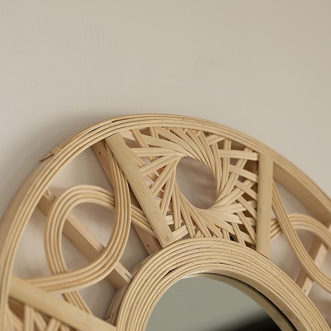 Vintiquewise Boho Bamboo Hanging Wall Mirror, Round Asymmetrical Vintage Rattan Mirror for Wall Decor, Nursery, Living Room, Playroom, Unique Small Coastal Mirror