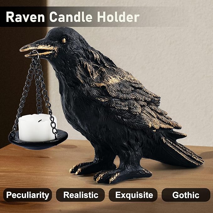 Gothic Crow Lamp with Tealight Candle Holder Resin Raven Decor Statue Gothic Home Decor for Bedroom Unique Goth Gifts Wearing Gold