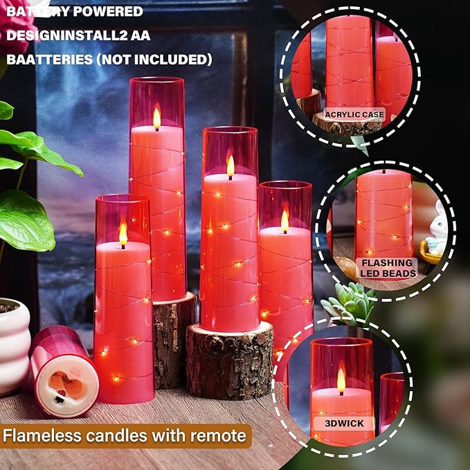 Nimiko Flickering Flameless LED Candles,Battery Operated Candles 9 Pcs with Embedded Star String,Acrylic LED Pillar Candles with Remote,Suitable for Home Decoration to Create an Atmosphere (Pink)