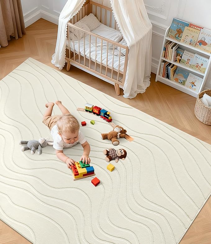 YIHOUSE 8x10 Striped Area Rug, Modern Washable Stain Resistant Rugs Non Slip, Soft Indoor Large Floor Carpet for Living Room, Bedroom,Dining Room, White