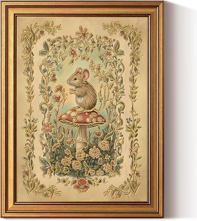 InSimSea Gold Framed Canvas Prints Wall Art, 3D Embossed Vintage Decor, Woodland Mouse on Mushroom Aesthetic Paintings, Farmhouse Wall Decor for Bedroom Living Room Bathroom Shelf, 12x16inch