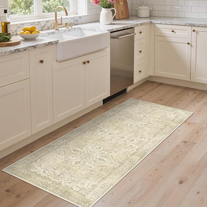 GENIMO 2X5 Washable Vintage Runner Rug for Hallway, Non-Slip Low Pile Chenille Print Rug, Soft Rugs for Indoor Entryway Kitchen Corridor, Linen & Taupe