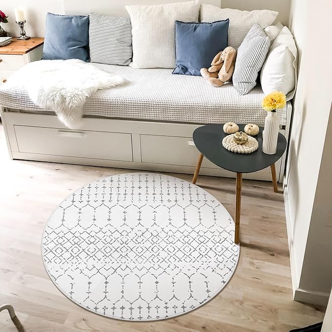 Lahome Moroccan Round Area Rug - 3Ft Round Rug Non-Slip Washable Soft Round Bathroom White Throw Small Circle Rug for Bedroom, Modern Geometric Print Low-Pile Round Rugs for Entryway Kitchen Sofa Hana