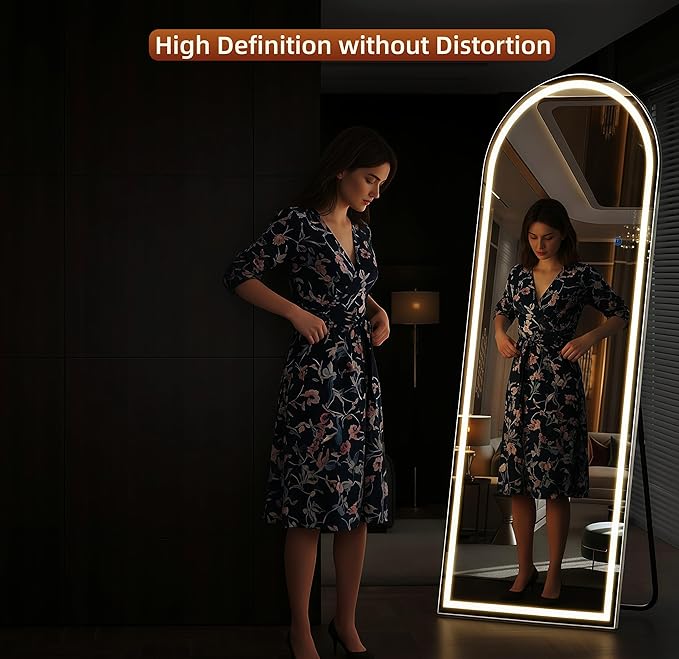Full Length Mirror with LED Lights 65"x24"Arched Full Body Mirror with Stand Aluminum Alloy Frame, Floor Mirror with Dimming & 3 Color Lighting for Bedroom Dressing Room Tempered Glass Silver
