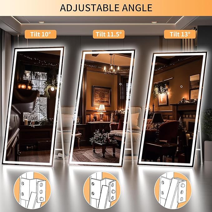 Hasipu Full Length Mirror with Lights, 71" x 27.6" LED Lighted Floor Standing, Full Body Dressing Hanging Mounted Mirror, Tempered Glass, Square White