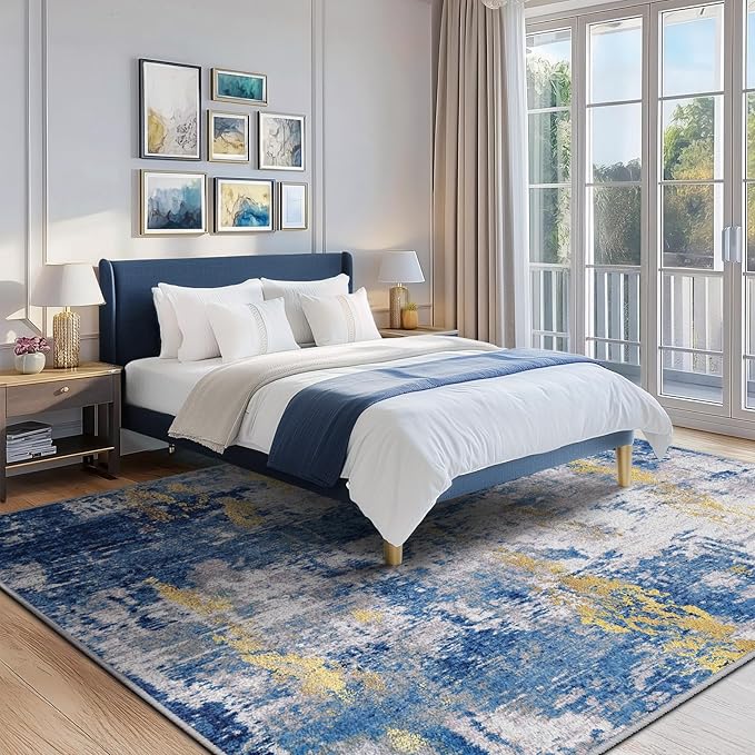 RELEANY Washable Area Rugs 8'x10' Non-Slip Modern Abstract Soft for Living Room Entryway Bedroom Nursery, Print Pattern, Grey Blue Gold/Golden