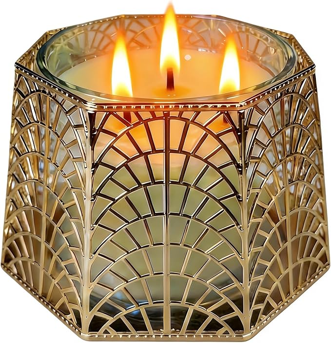 3 Wick Candle Holder, Golden Shell Design Candle Jar Holder for 4-Inch Diameter Jars (5.25" D x 3.5" H) (Golden)
