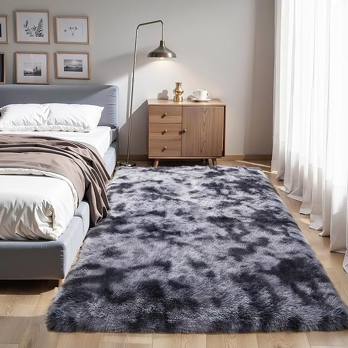 KICHOWUA Thick Area Rug Dark Grey Fluffy 4x6 for Bedroom Living Room Washable Plush Rug for Kids Baby Nursery Soft Shag Non Slip Comfy Shaggy Rugs for Dorm Fuzzy Floor Carpet, Tie-Dye Gray