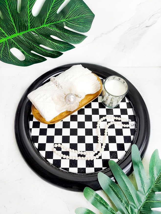 Ciandid Checkered Decorative Tray, Retro Jewelry Tray Dresser Tray for Makeup Perfume Organizer, Aromatherapy Reed Diffuser Tray Vanity Tray for Bathroom(Black)