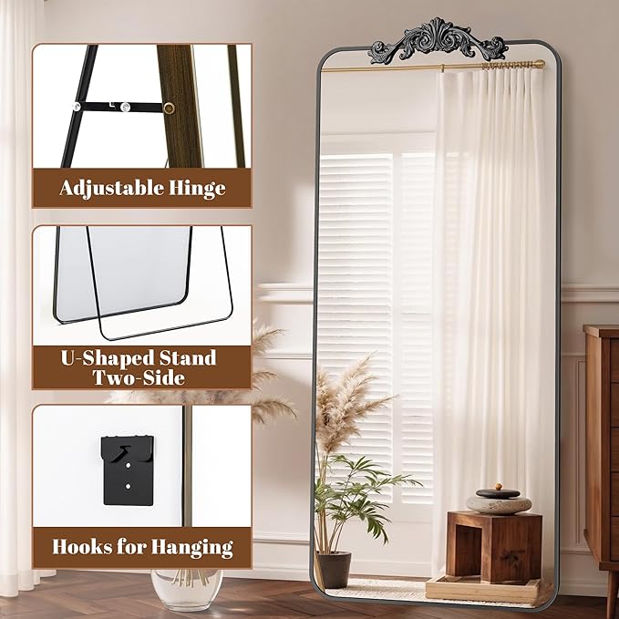 Vintage Full Length Mirror, 76"x34" Floor Mirror with Carved, Full Body Mirrors for Home Decor, Standing/Hanging Large Wall Mirrors for Bedroom/Living Room/Entryway, Black, Retro Style