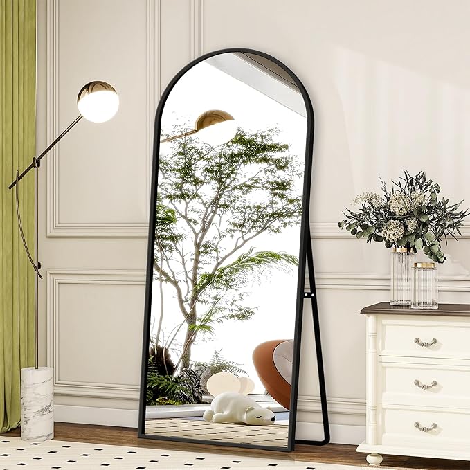 GlasFlength Full Length Mirror with Stand, 64"x21" Arched Full Body Mirror with Aluminum Alloy Frame, Wall-Mounted/Leaning Against Wall/Standing Floor Mirror for Bedroom, Living Room, and Entryway