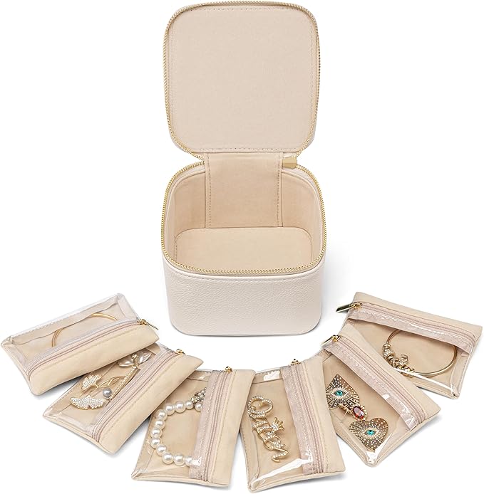 Vlando Jewelry Travel Case,Valentines Gift,Travel Jewelry Organizer with Clear Velvet Jewelry Bags 6Pcs Zipper Pouch for Women Girl Birthday Gift-White