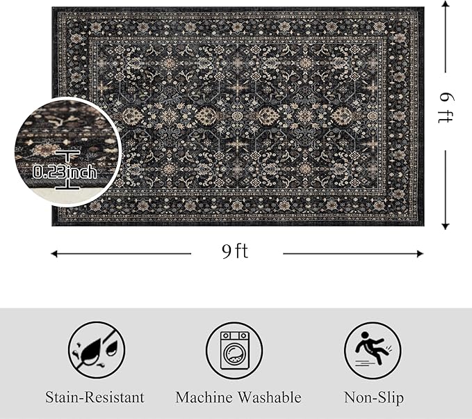 Ruaruarug Area Rug Non Slip Machine Washable Ultra Soft Living Room/Bedroom/Kitchen/Outdoor/Classroom Black Grey, 6'×9'