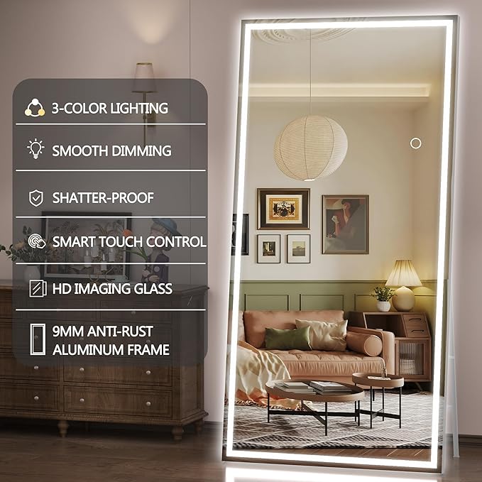 Hasipu Full Length Mirror with Lights, 75" x 28" LED Lighted Floor Standing, Full Body Dressing Hanging Mounted Mirror, Tempered Glass, Square White