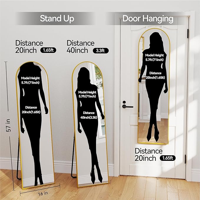 SCWF-GZ 57x16 Door Hanging Full Length Mirror, Floor Stand (Height 5.7ft just Body in1.3ft) / Wall Mounted Metal Frame Arch Dressing Mirrors for Bedroom Living Room 57 inch Gold