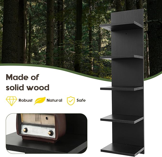 Wooden 5 Tier Wall Shelf,Vertical Column Floating Storage Home Decor Organizer,Floating Shelf Wall Decor Shelves for Bedroom, Living Room,Vanity(Black)