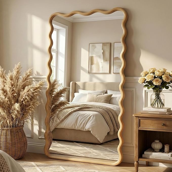 TRAHOME Wavy Mirror for Wall, 55"x28" Boho Wavy Wood Mirror Large Full Length Decorative Mirror with Tempered Glass, Natural Wooden Frame Vanity Mirror for Bedroom, Living Room, Entryway