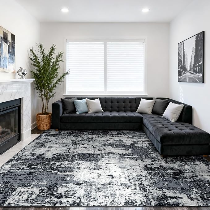 RELEANY Washable Area Rugs 9'x12' Non-Slip Modern Abstract Soft for Living Room Entryway Bedroom Nursery, Print Pattern, Black Navy Blue Gray