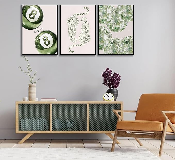 3Pcs Trendy Leopard Disco Ball Canvas Wall Art Sage Green Lucky Poster Prints Preppy Ace Cards Wall Decor pictures for Girly Bedroom Apartment Dorm Decoration Unframed