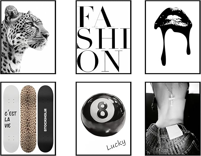 6 Piece Fashion Trendy Leopard Wall Art Black White Aesthetic Cheetah Posters Prints Lucky 8 Ball Lips Canvas Paintings for Girls Room Bedroom Apartment Dorm Decoration Unframed