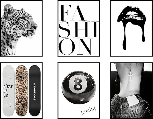 6 Piece Fashion Trendy Leopard Wall Art Black White Aesthetic Cheetah Posters Prints Lucky 8 Ball Lips Canvas Paintings for Girls Room Bedroom Apartment Dorm Decoration Unframed