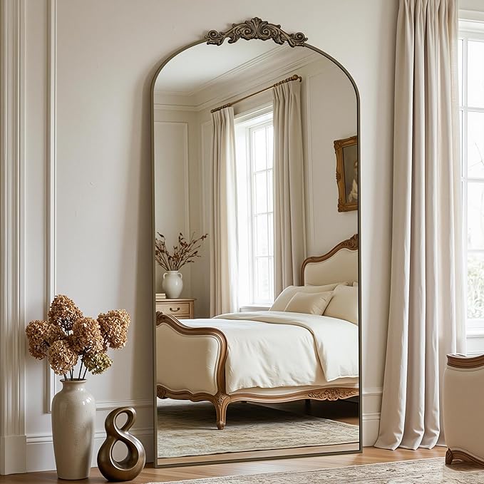 Vintage Full Length Mirror,78"x38" Arched Antique Floor Mirror with Carved Metal Frame,Large Standing Wall Mounted or Leaning Mirror for Bedroom Living Room Entryway,Bronze