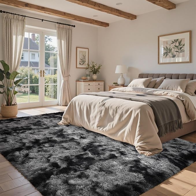 Black Grey Rugs for Bedroom Fluffy 4x6 Area Rug, Super Fuzzy Fur Living Room Carpet for Boys Dorm Office Nursery Modern Home Decor