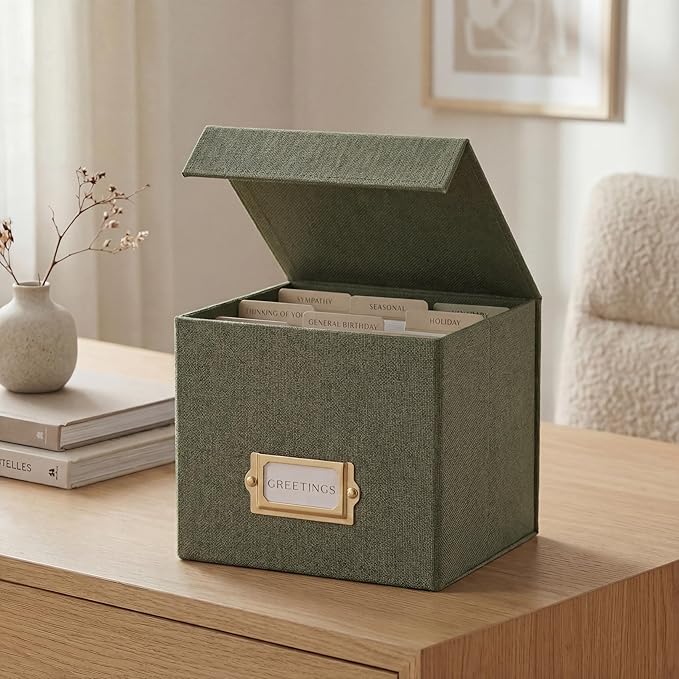 ZICOTO Beautiful Greeting Card Organizer Box With Dividers - Sturdy Linen Storage Box Easily Organizes All Your Greeting Cards in Style - Cute Card Holder Safely Stores Up to 300 Small Or Large Cards
