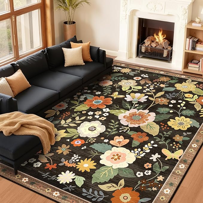 RELEANY Floral Nursery 8x10 Area Rugs Washable Print Boho Cute Carpet Non Slip Flower Low Pile for Living Room Kids Girls Playroom Bedroom Kitchen Office Farmhouse-Black/Yellow/Red