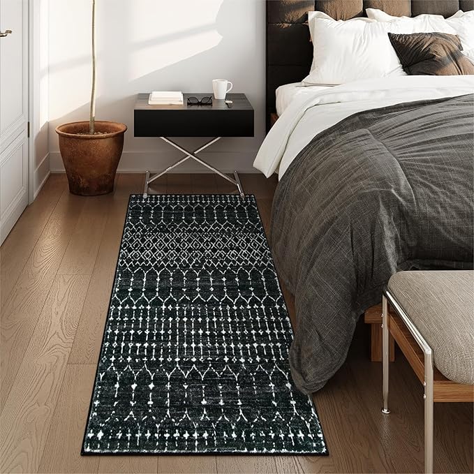 Lahome Moroccan Black Area Rug Non-Slip Low-Pile Washable Entryway Rug Kitchen Bath Mat 2'x4' Geometric Print Carpet for Hallway Bedroom Hana