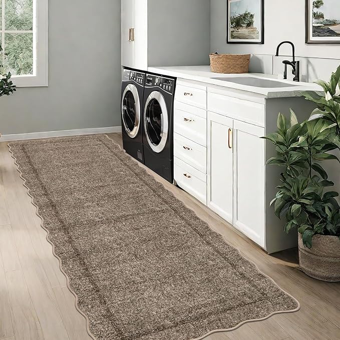 GarveeHome Scalloped Washable Runner Rug 2x6 Runner Non Slip Kitchen Rug Modern Taupe Rug Entryway Rug Farmhouse Soft Bathroom Rugs Stain Resistant Carpet for Hallway Laundry Bedroom 2 ft x6 ft Taupe