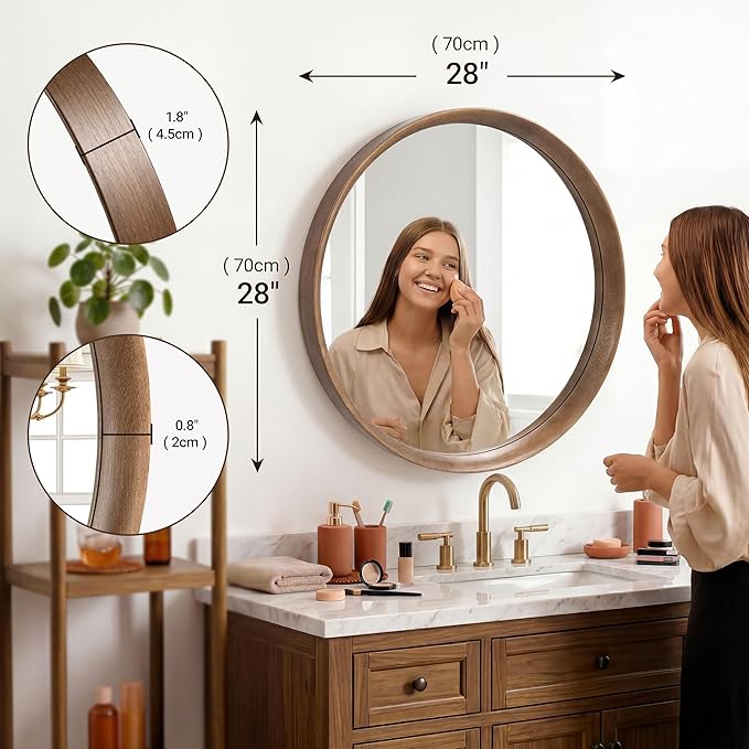 Brakki Round Wall Mirror with Wood Frame, 28 inch Circle Mirror for Bathroom Bedroom Entryway Vanity Living Room, HD Shatterproof Glass, Wall Mounted Decor, Hanging or Leaning, Walnut