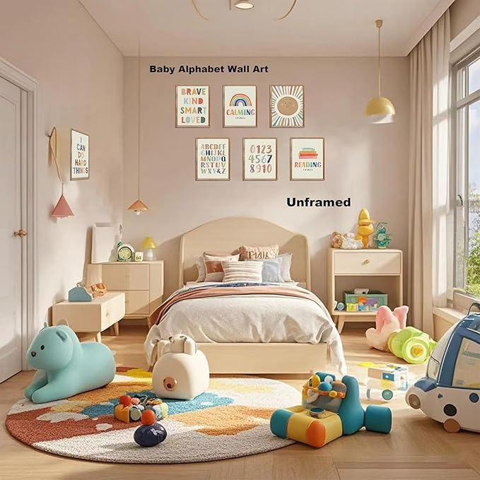 SEHSUVC Baby Alphabet 1 2 3 Wall Art Set of 9, Number Rainbow Canvas Posters Prints, Kids ABC Positive Affirmation Wall Decor Paintings for Kids Room Nursery Bedroom Home Decor 8x10In Unframed