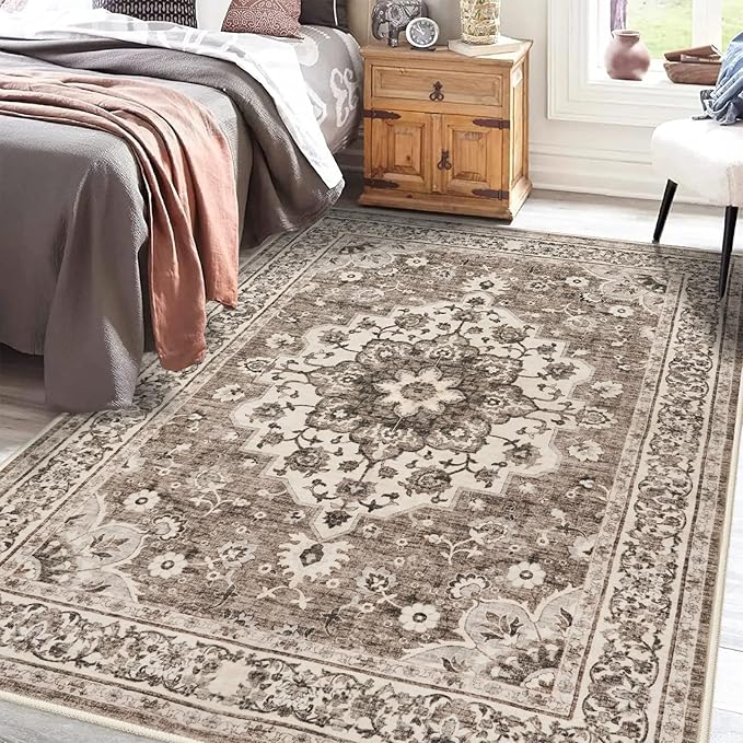 TOPRUUG Washable Oriental Area Rug - 5x8 Rugs for Living Room Soft Carpet for Bedroom Waterproof Floral Distressed Indoor Stain Resistant Non-Shedding Floor Carpets (Beige, 5x8)