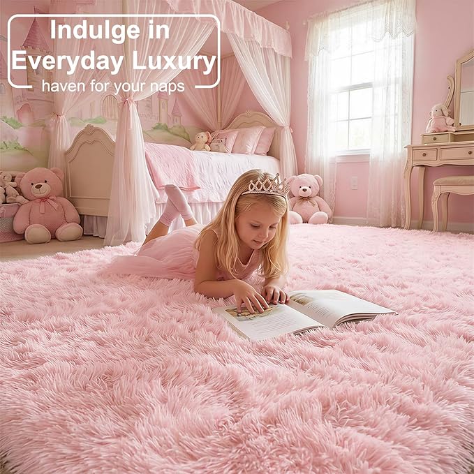 Amdrebio Pink Area Rugs for Bedroom Girls, Cute Fluffy Fuzzy Shag Rug 5x7 for Living Room, Kids Room, Kawaii Plush Fur Indoor Floor Carpet for Teens, Baby, Nursery, Preppy Dorm, Home Decor Aesthetic