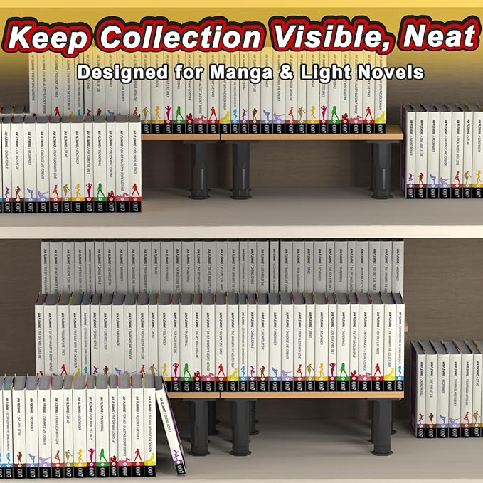 Manga Shelf Risers, 2 Pack Bookshelf Risers for Double Row Book Display, Height Adjustable, Light Wood Finish, Space Saving Organizer for Manga, Figures & Collectibles