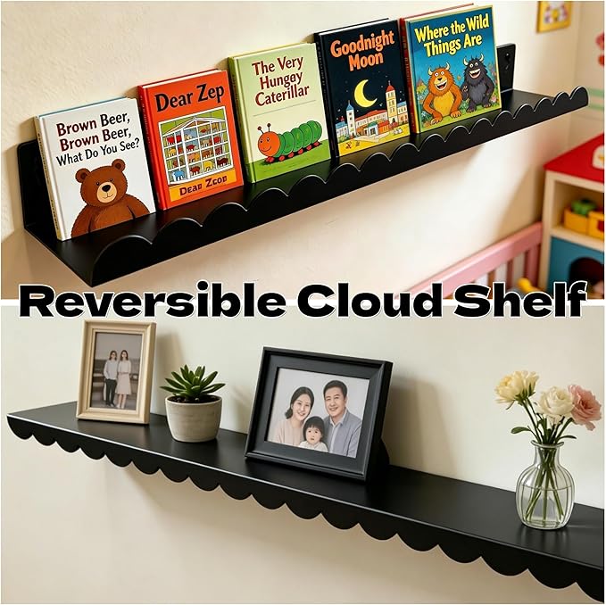 24 Inch Nursery Book Shelves Set of 4, Black Metal Floating Shelves for Wall, Scalloped Cloud Book Shelf for Kids Room, Bathroom, Bedroom, Playroom Wall Decor & Storage
