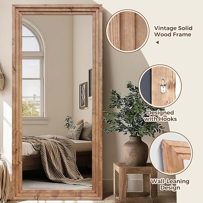 Full Length Wood Mirror 76x34 Rustic Solid Wood Floor Mirror with Triple Layer Frame, HD Tempered Glass, Wall Mounted or Leaning Standing Mirror Light Brown Mirror for Bedroom Bathroom Living Room