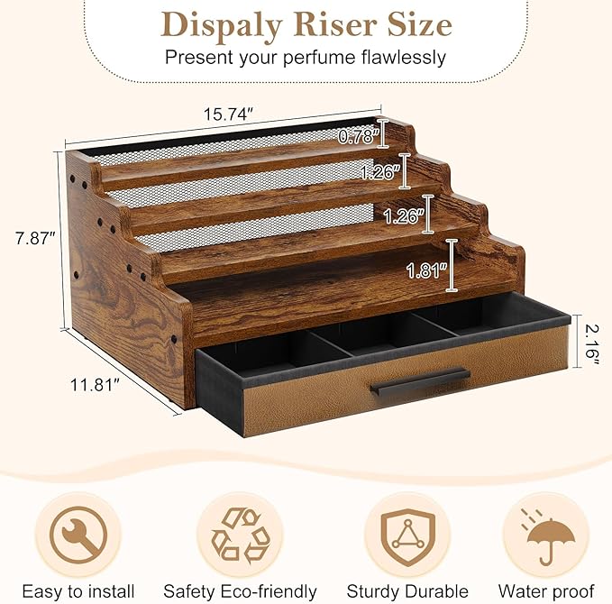 4 Tier Cologne Organizer for Men, Wooden Perfume Organizer with Drawer Storage, Perfume Display Shelf for Cologne, Watch, Grooming and Figures, Perfect Birthday/Easter Gift for Lovers & Fathers
