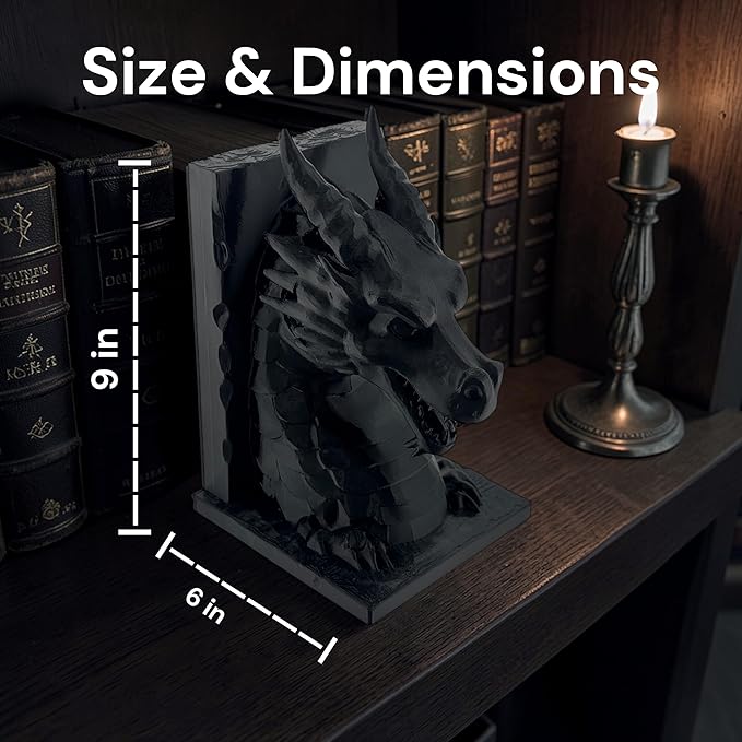 Dragon Bookends Set of 2 - Light Weight - Fantasy Dragon Book Ends for Shelves, Gothic Dragon Bookshelf Decor, Decorative Bookends for Home Office, Book Organizer for Fantasy Lovers