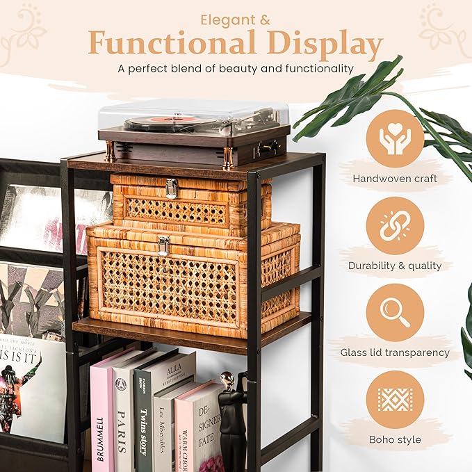Large Set of 2 Handwoven Rattan Decorative Boxes with Glass Lids - Stackable Wicker Storage Boxes for Home Decor - Coffee Table Box Organizers - Woven Box with Lid for Shelves