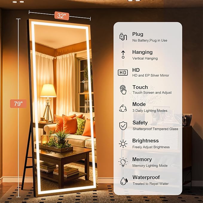79" x 32" Full Length Mirror with Lights, Large LED Lighted Floor Standing Body Mirror, Dimmable & 3 Color Lighting for Bedroom, Cloakroom, Dressing Room, Tempered Glass, Black Frame