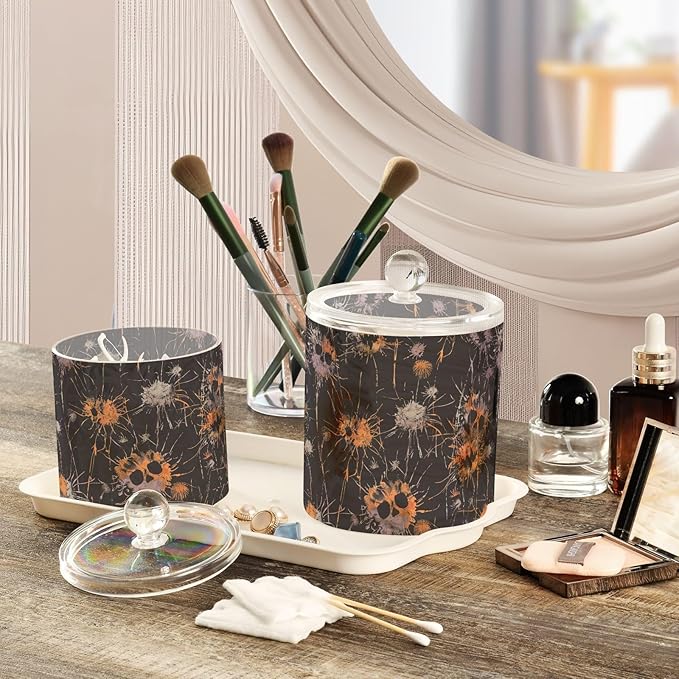 Face Dandelion Design Halloween Black Clear Plastic Makeup Organizer Storage with lid Pantry Essentials Decorative Dental floss storage jar for Cotton Swabs,Cotton Pads,Floss Picks,Paper