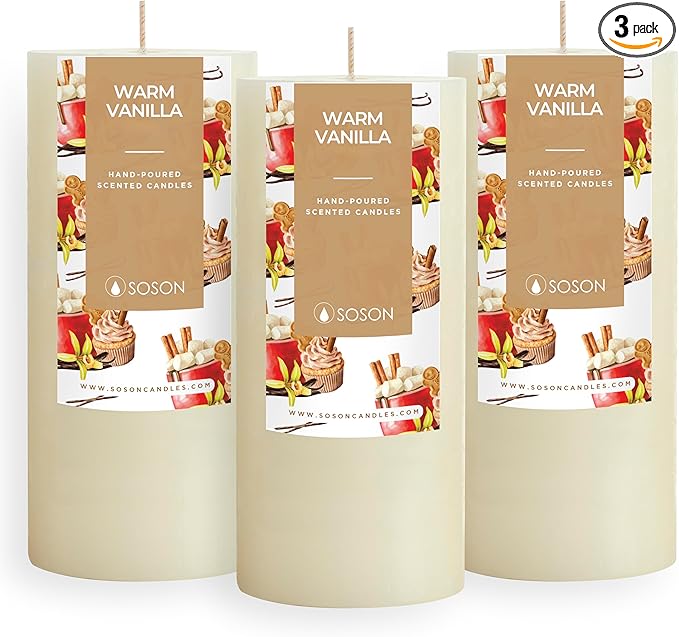 Simply Soson Warm Vanilla Scented Candle Set - 3x6 Ivory Pillar Candles for Home, Aromatherapy, Women, Fall