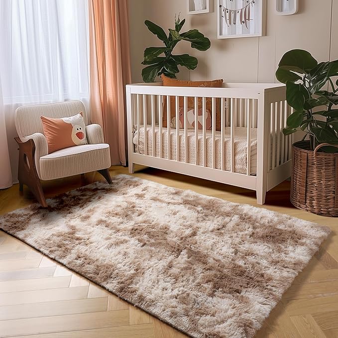 Amdrebio Tie-Dyed Beige Tan Rugs for Bedroom Living Room, Cute Fluffy Plush Neutral Area Rug 4x6 for Kids Room Decor Aesthetic, Soft Furry Fuzzy Shaggy Carpet for Baby Nursery Playroom Preppy Dorm